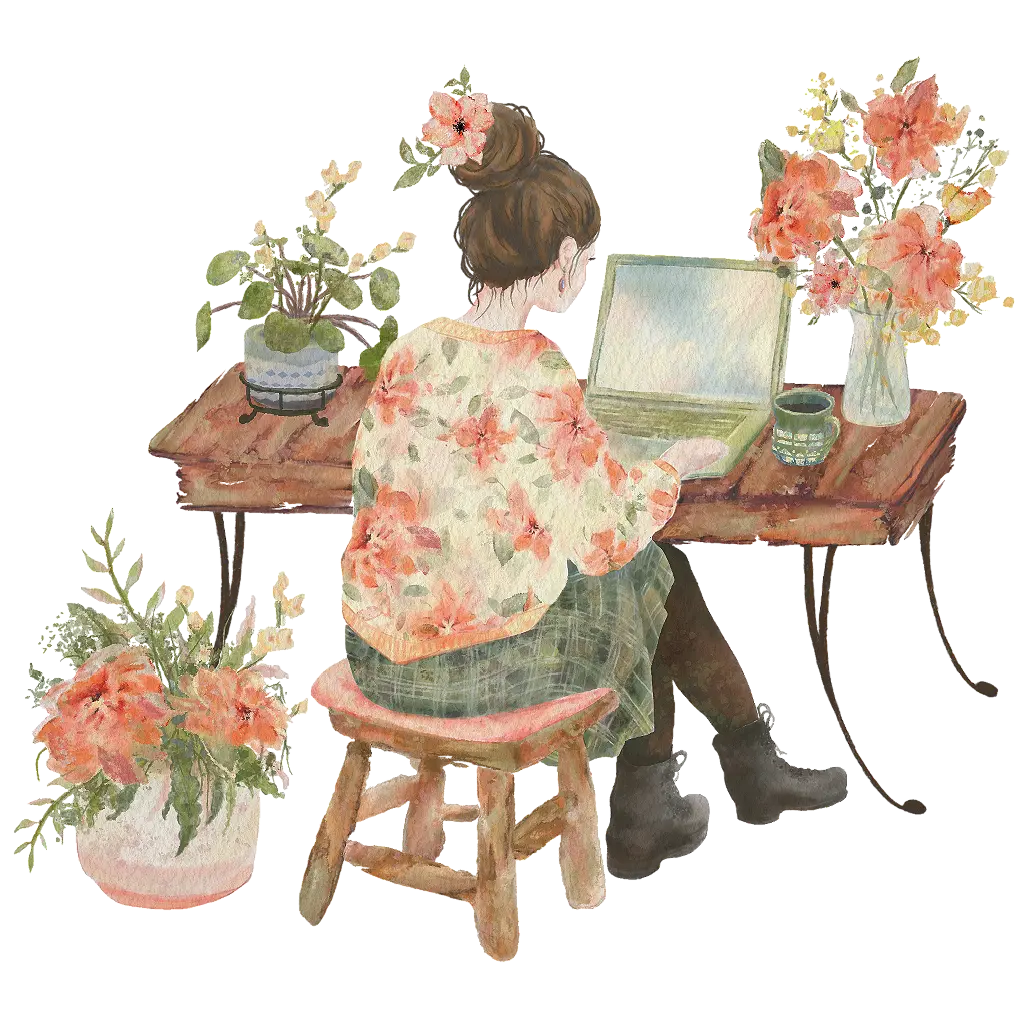 Watercolor illustration of a woman working on the computer while surrounded by flowers.